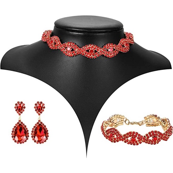 Ruby Red Crystal Necklace Set CZ Cubic Rhinestone Necklace Bracelet Earrings Set - Picture 1 of 6
